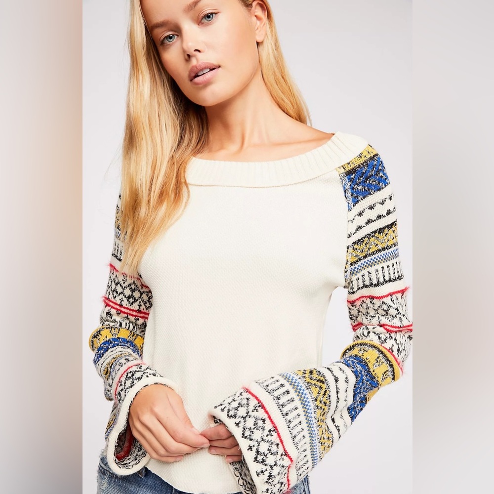 Free People Cream Knit Top with Multicolor Fair Isle Sleeves